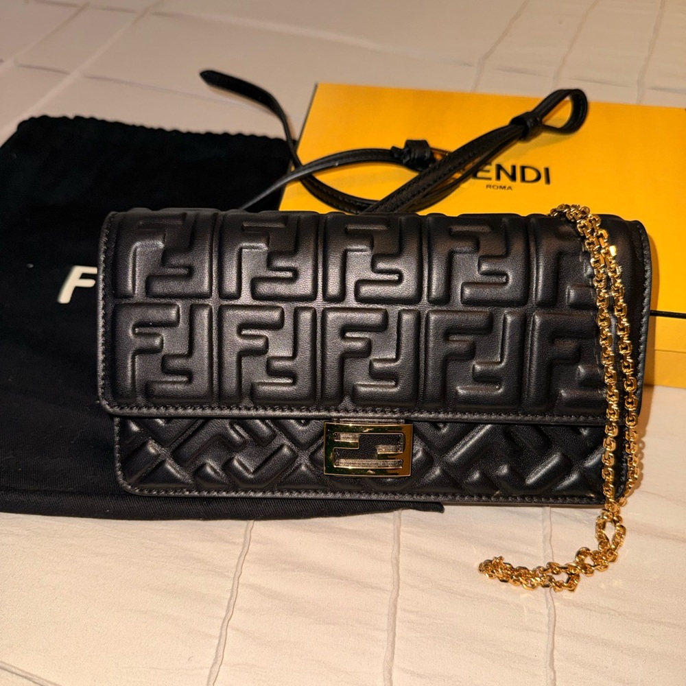 Fendi Black Embossed Clutch with Gold Chain